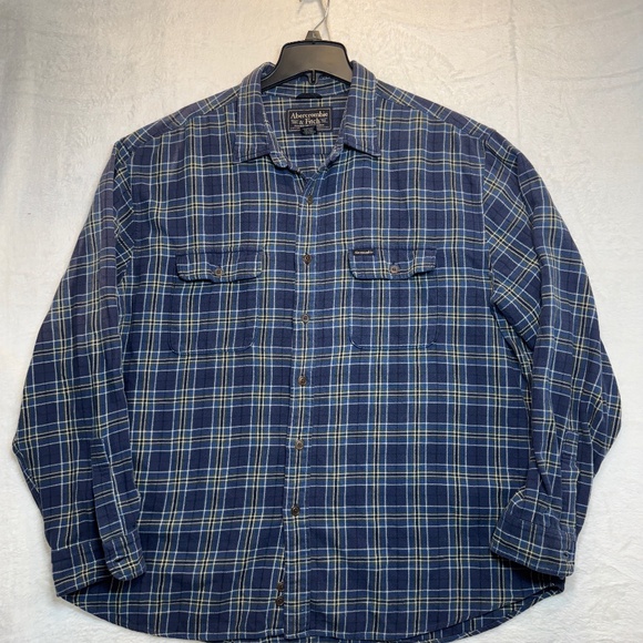 Abercrombie & Fitch Shirt Mens Size XL Blue Plaid Flannel Western Work Button Do - Picture 1 of 7